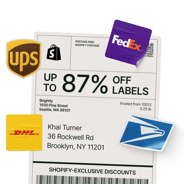 A shipping label surrounded by the logos of various shipping carriers