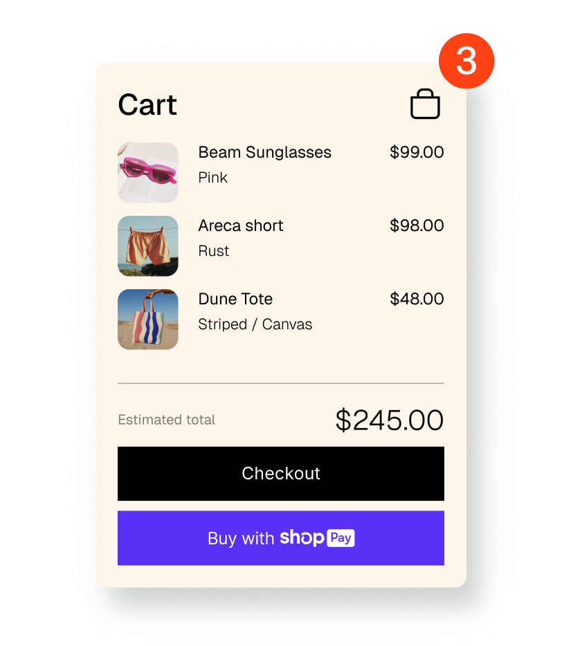 Animation showing an online cart showing one item to three items with a checkout button and a Shop Pay button.