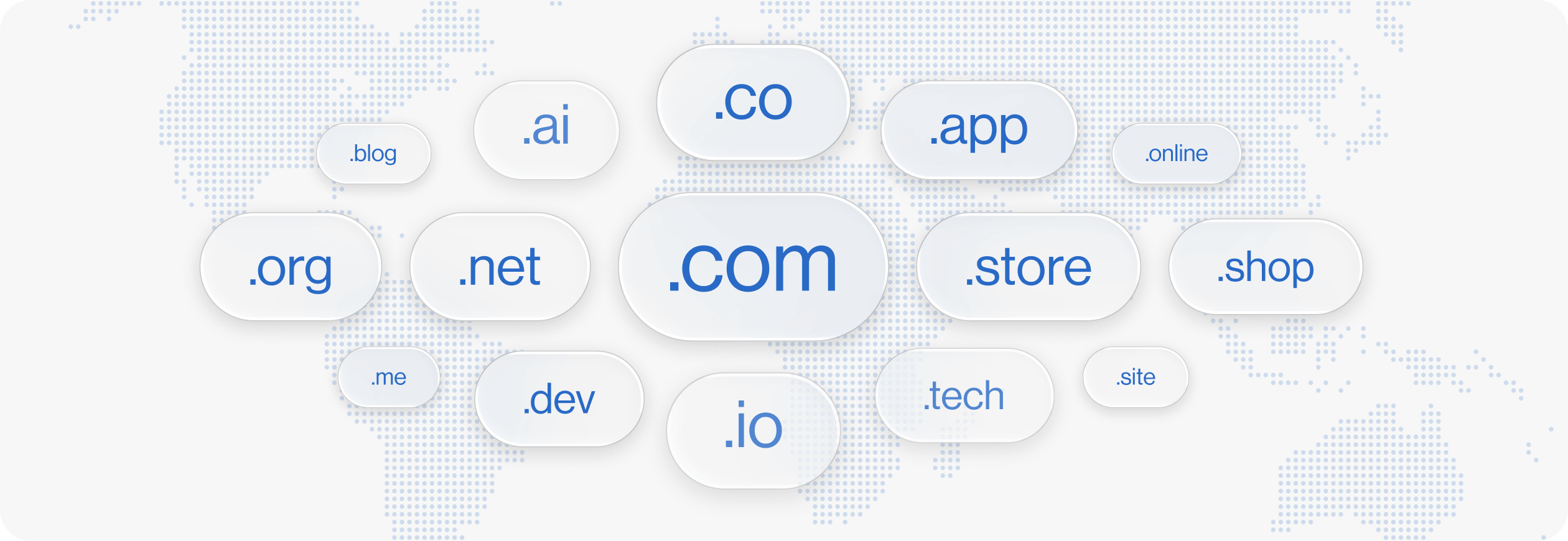 Domain extensions like .com, .org, .net, .ai, .co, .app, .store, .shop shown in rounded labels on a dotted world map background.